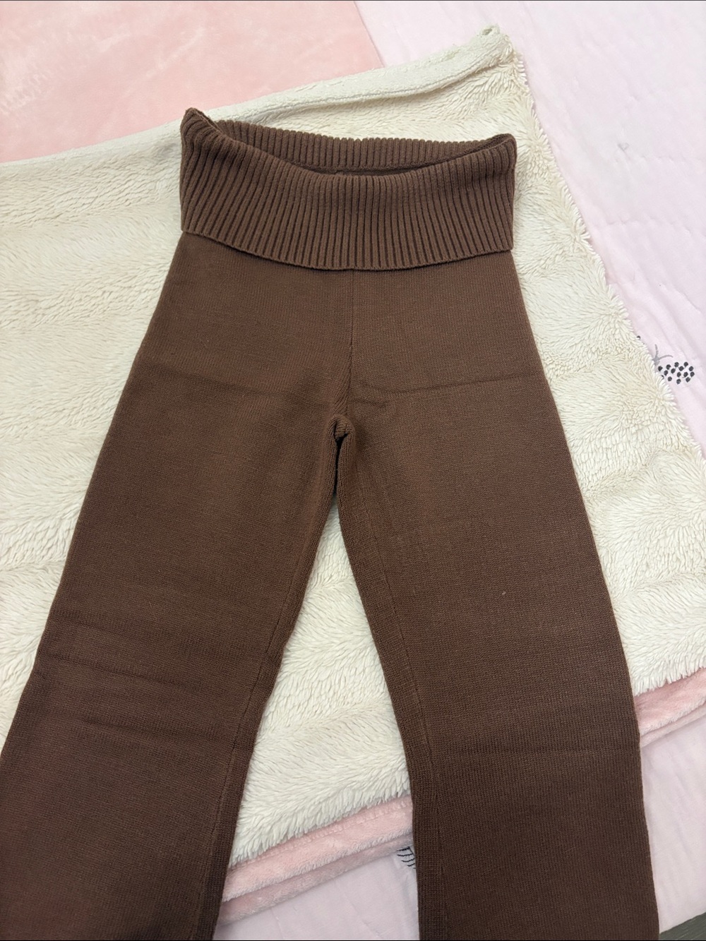 Brown Knit Fold-Over Waist Women’s Flared Leggings